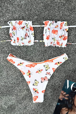 Costum de baie doua piese Butterflies Orange cu slip in doua nuante