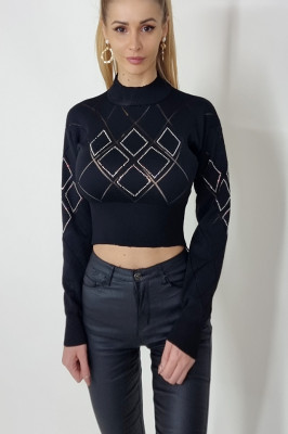 Bluza eleganta Raphael, cu maneca lunga si accesorizata cu pietre, Negru