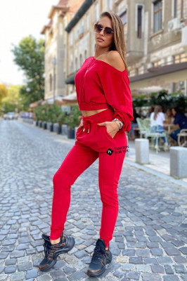 Compleu catifea Anna pantaloni si bluza asimetrica, Rosu, Marime universala S/M