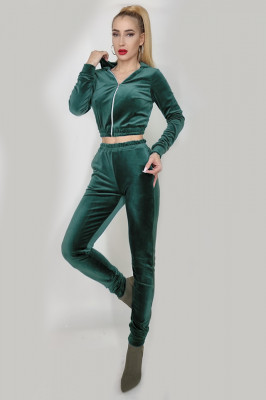 Compleu de catifea Ilinca, pantaloni si bluza scurta cu gluga si fermoar, Verde smarald