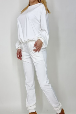 Compleu de catifea Novara, bluza si pantaloni cu banda elastica, Alb