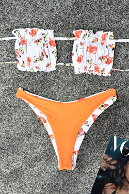 Costum de baie doua piese Butterflies Orange cu slip in doua nuante