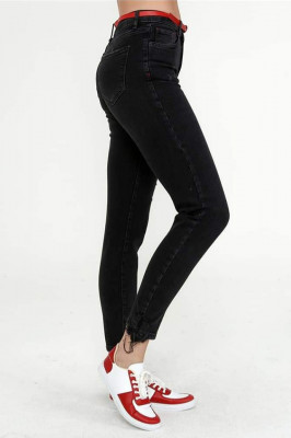 Blugi conici dama, curea rosie inclusa, Lynette, Negru