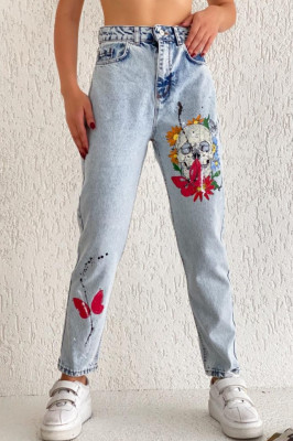 Blugi dama mom fit, Loose, cu desen imprimat si talie inalta, Flower6