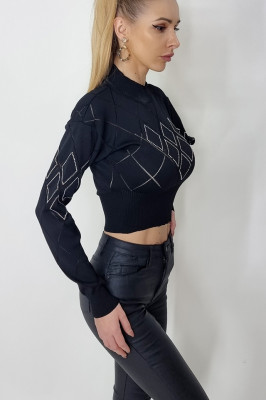 Bluza eleganta Raphael, cu maneca lunga si accesorizata cu pietre, Negru