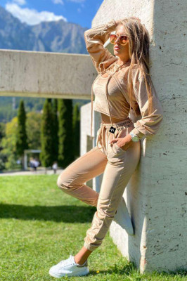 Compleu catifea Arya pantaloni, top si bluza cu gluga. Crem. Marime universala S/M