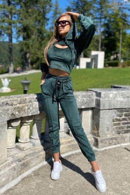 Compleu catifea Arya pantaloni, top si bluza cu gluga. Smarald. Marime universala S/M