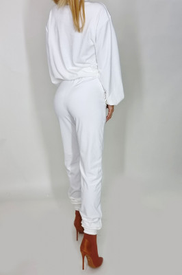 Compleu de catifea Novara, bluza si pantaloni cu banda elastica, Alb