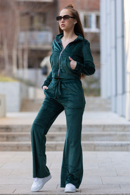 Compleu de catifea Padova, cu pantaloni largi si bluza cu fermoar, Verde smarald