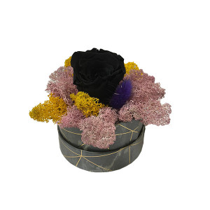 Aranjament Floral, cutie cu trandafir criogenat pe pat de licheni naturali stabilizati