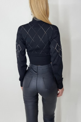 Bluza eleganta Raphael, cu maneca lunga si accesorizata cu pietre, Negru