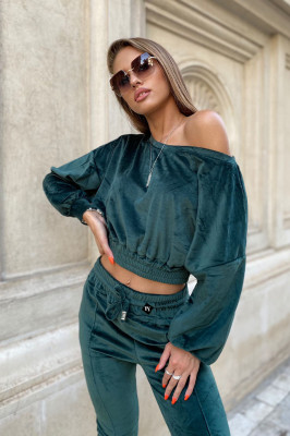 Compleu catifea Anna pantaloni si bluza asimetrica, Smarald, Marime universala S/M