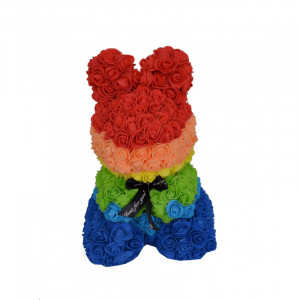 Iepuras floral multicolor, 40 cm decorat manual cu trandafiri spuma, in cutie cu funda