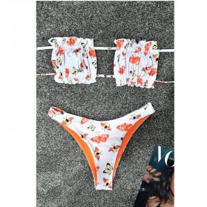 Costum de baie doua piese Butterflies Orange cu slip in doua nuante