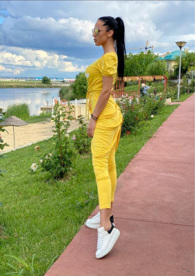 Pantaloni dama galbenicu fermoar si bretele