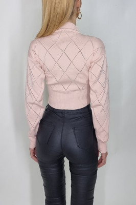Bluza eleganta Raphael, cu maneca lunga si accesorizata cu pietre, Roz