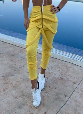 Pantaloni dama galbenicu fermoar si bretele
