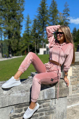 Compleu catifea Arya pantaloni, top si bluza cu gluga. Roz. Marime universala S/M