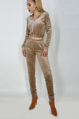 Compleu de catifea Ilinca, pantaloni si bluza scurta cu gluga si fermoar, Crem