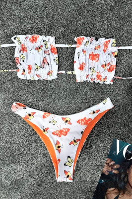 Costum de baie doua piese Butterflies Orange cu slip in doua nuante