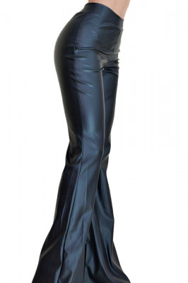 Pantaloni talie inalta evazati din piele eco, negri