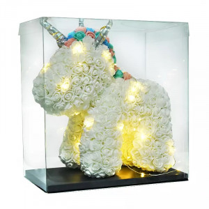 Unicorn Floral din Trandafiri de spuma 40 cm, ambalat in cutie, cu led de lumini