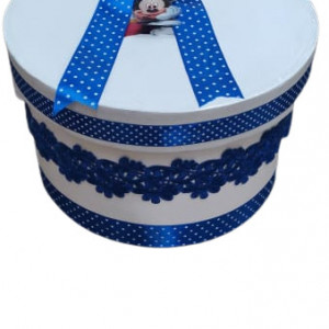 Cutie cufar rotunda pentru trusou botez, decorat cu dantela bleumarin