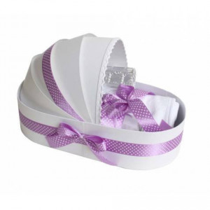 Trusou pentru botez, in cutie landou, complet pentru biserica,mov cu buline, en gros