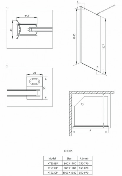 Paravan de duș walk-in, finisaj crom din seria Kerria 90 cm KTS 039P