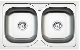 POPULARNY 2-BOWL S/S SINK WITHOUT DRAINING BOARD, WITH FITTINGS, SATIN