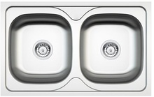 POPULARNY 2-BOWL S/S SINK WITHOUT DRAINING BOARD, WITH FITTINGS, SATIN