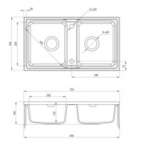 ZORBA 2-BOWL SINK WITHOUT DRAINING BOARD, WITH FITTINGS, GRAPHITE GRANITE