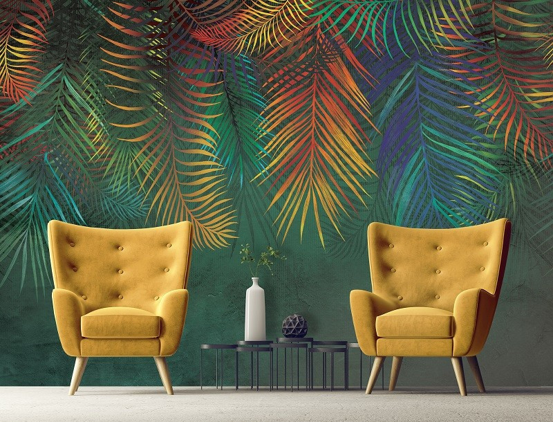 Nature leaves colourful dark green wall mural 14133