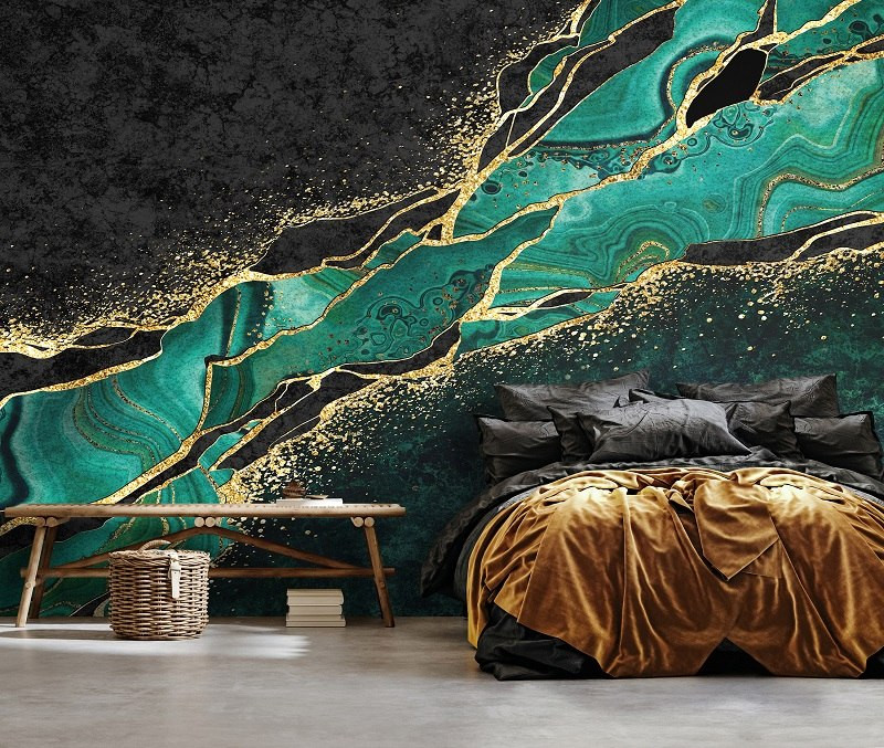 Structure marble dark green gold wall mural - 14134