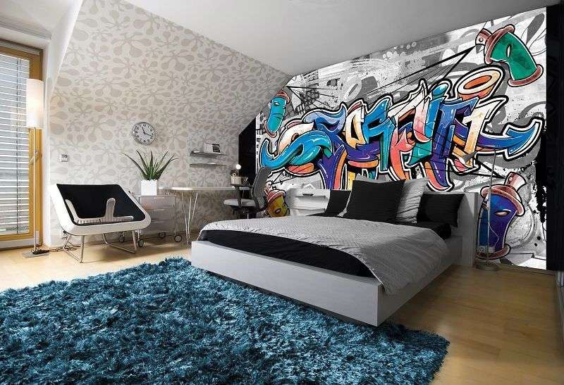 Street art, graffiti wall mural with blue accents - 2294