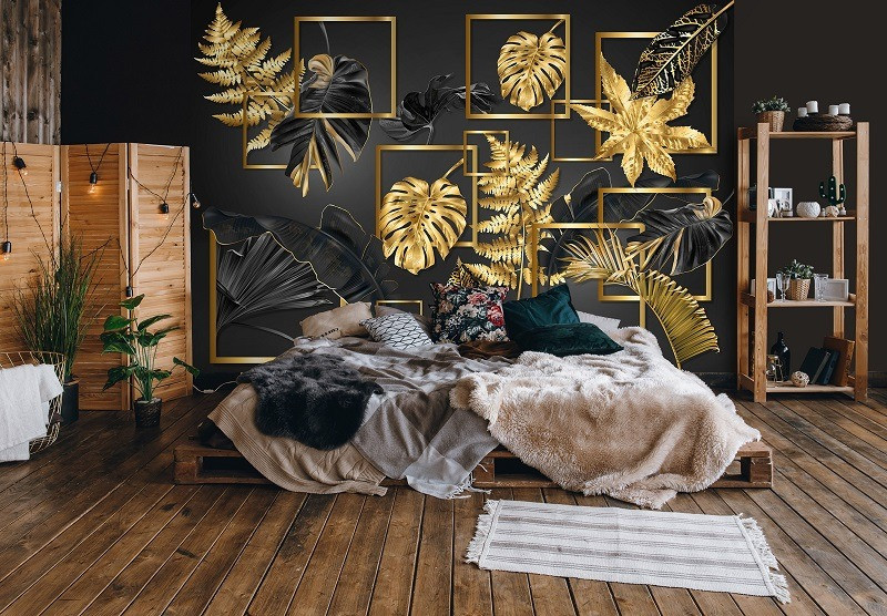 Abstract geometric black and gold leaves wall mural - 14130