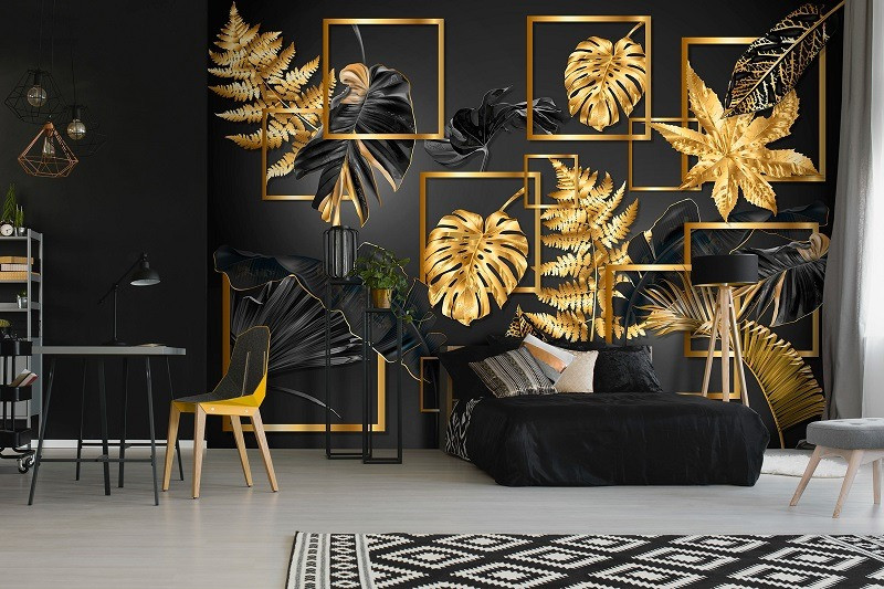 Abstract geometric black and gold leaves wall mural 14130