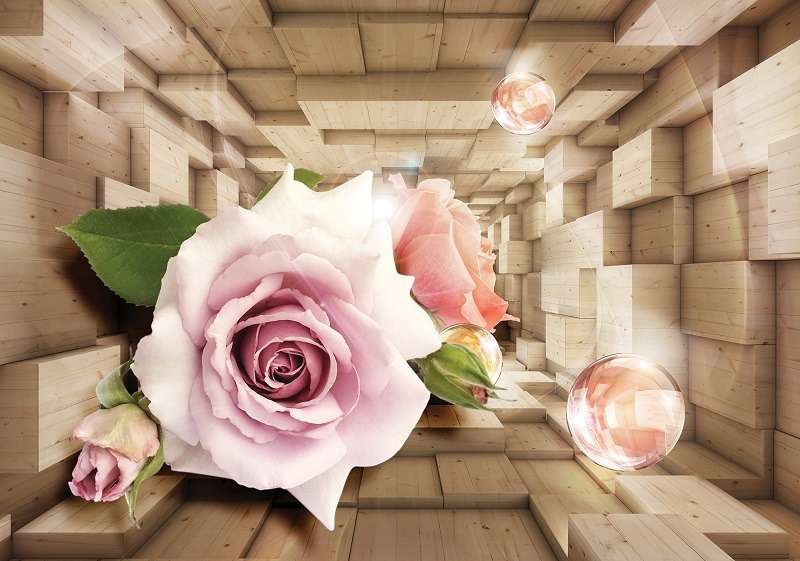 Pink rose 3D effect wall design - 3357