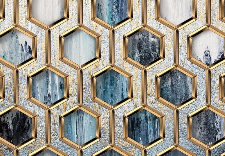 Art Wall Mural in shades of blue and gold - 13611