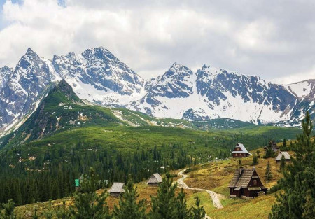 White mountain range and a cabin wallpaper - 10507
