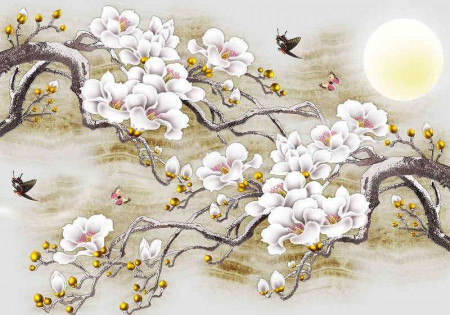 Blossomed trees and birds painting wall mural - 13287