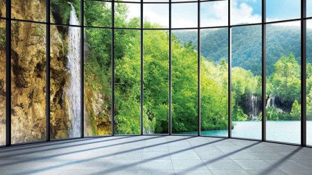 Green forest and waterfall 3d wall mural - 1511
