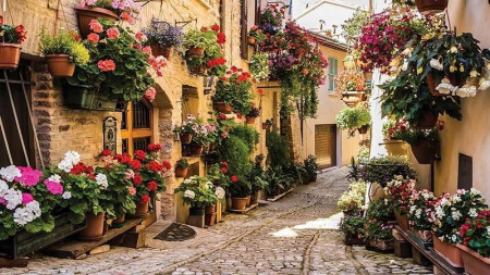 Old town street with flowers in the Mediterranean wall print - 1339