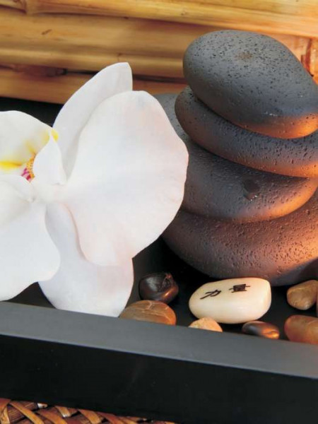 Zen themed wall mural, black stones and flower - 10188A