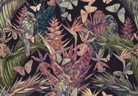 Nature tropical plants, butterflies and birds wall mural - 14115