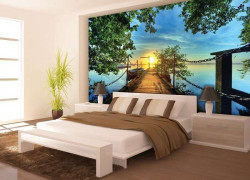 Pier with fisherman boats at calm sea colorful wall mural - 2223