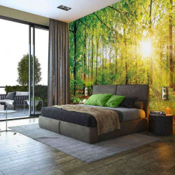 Sun beams through green forest living room wall paper - 13462