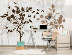 Trees and birds art painted wall mural - 12066