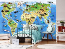 Animal world map for children, kids room wall mural - 12844