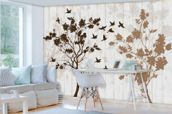 Trees and birds art painted wall mural - 12066